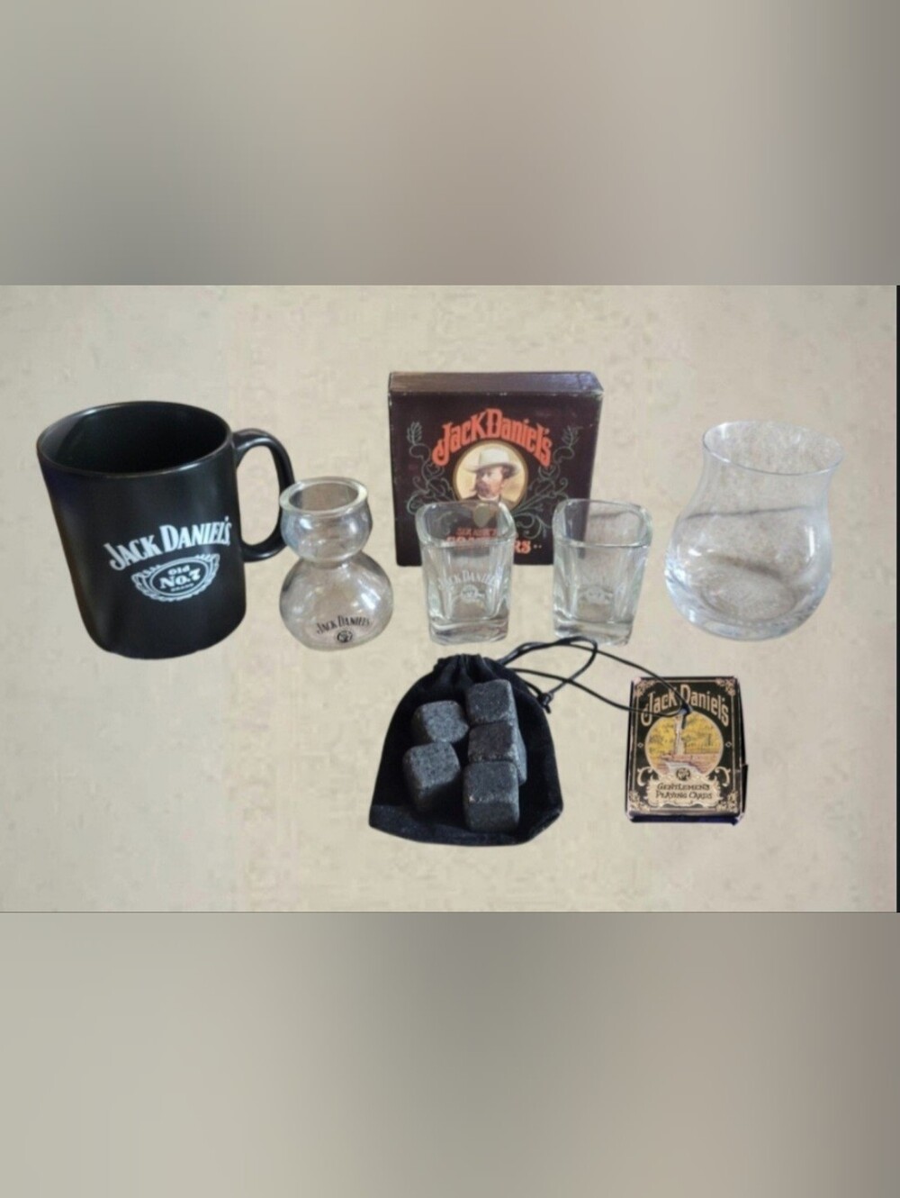 JACK DANIELS #7 LOT - COASTERS, GLASSES, GLENCAIRN CRYSTAL, BASALT STONES, CARDS